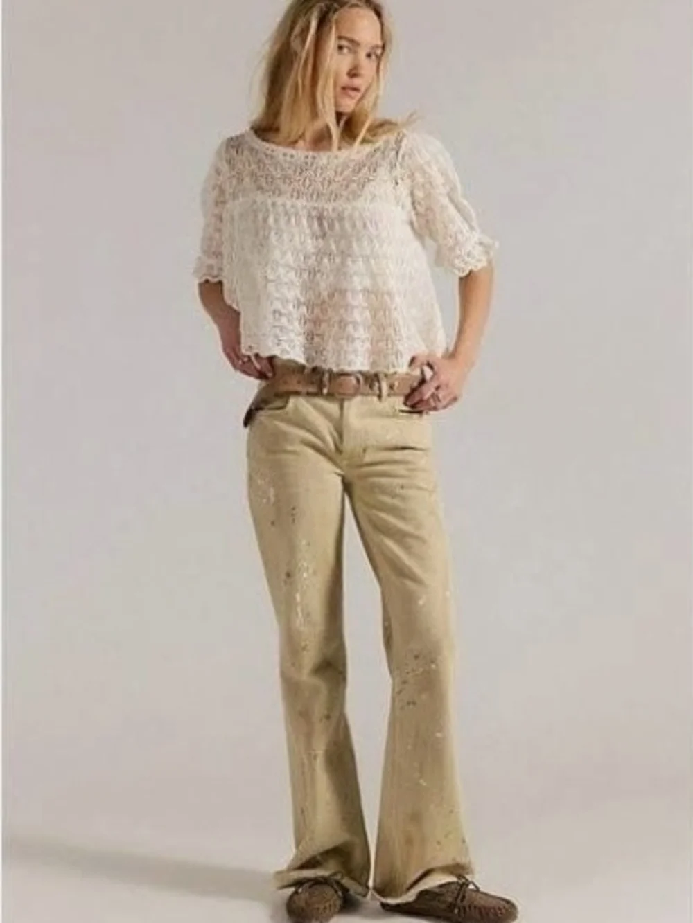 Free People Moonstruck Babydoll Blouse Open Knit Crochet Lace Top Cream XS